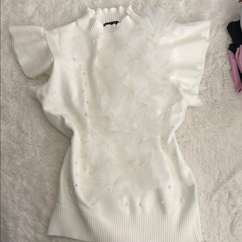 White Ruffled Flutter Sleeve Blouse